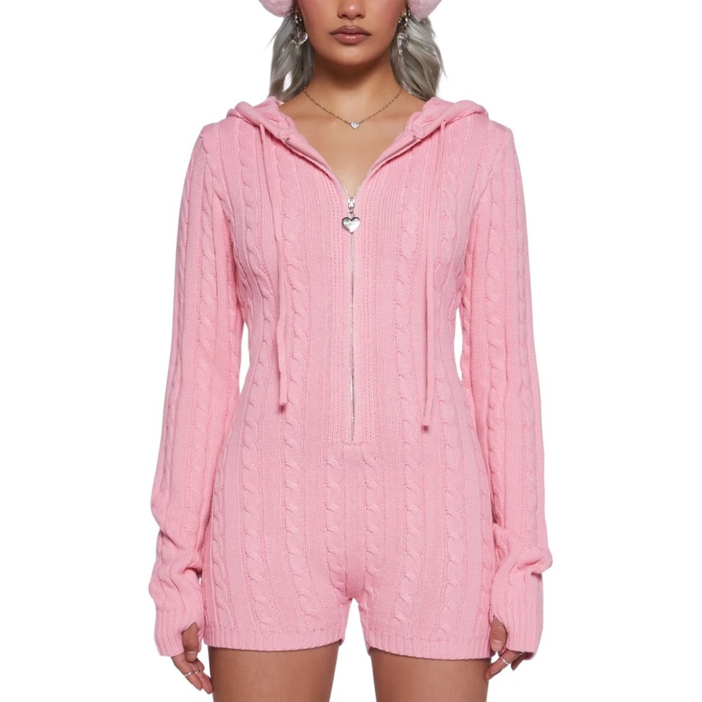 Sugar Thrillz Pink Cable Knit Sweater Romper